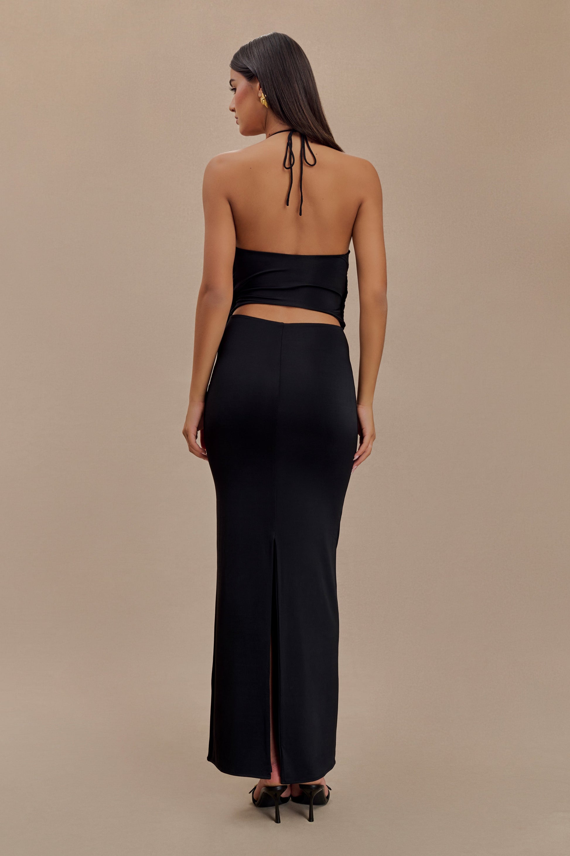 Tyla Draped Slinky Halter Maxi Dress - Black #2