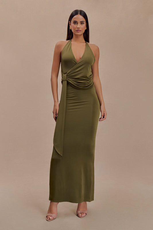 Tyla Draped Slinky Halter Maxi Dress - Dark Olive