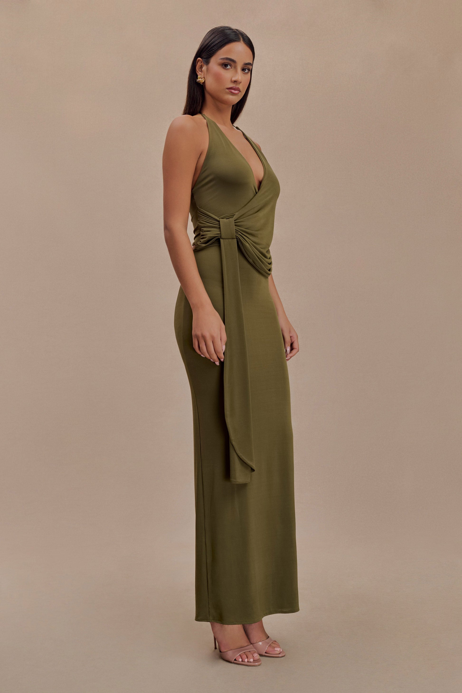 Tyla Draped Slinky Halter Maxi Dress - Dark Olive #5
