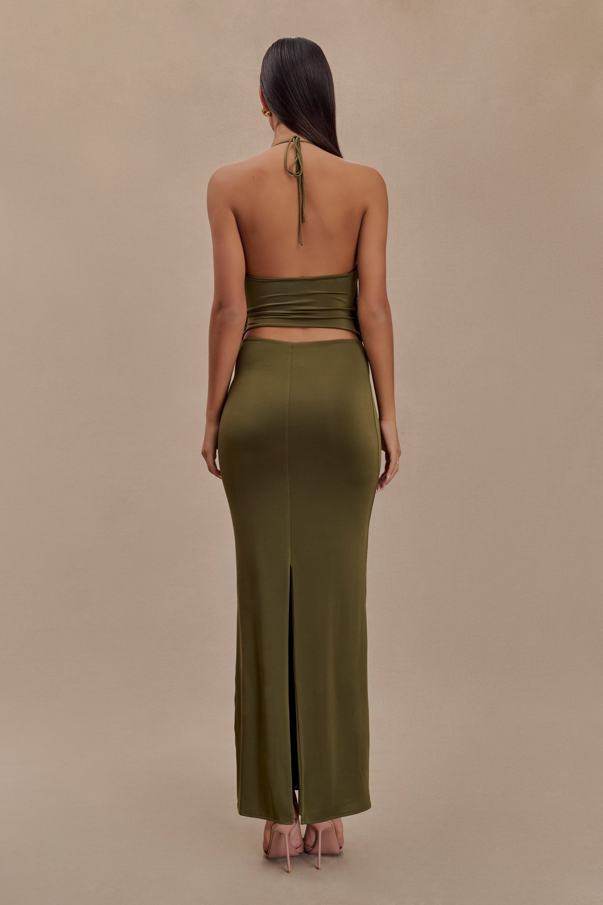 Tyla Draped Slinky Halter Maxi Dress - Dark Olive #3