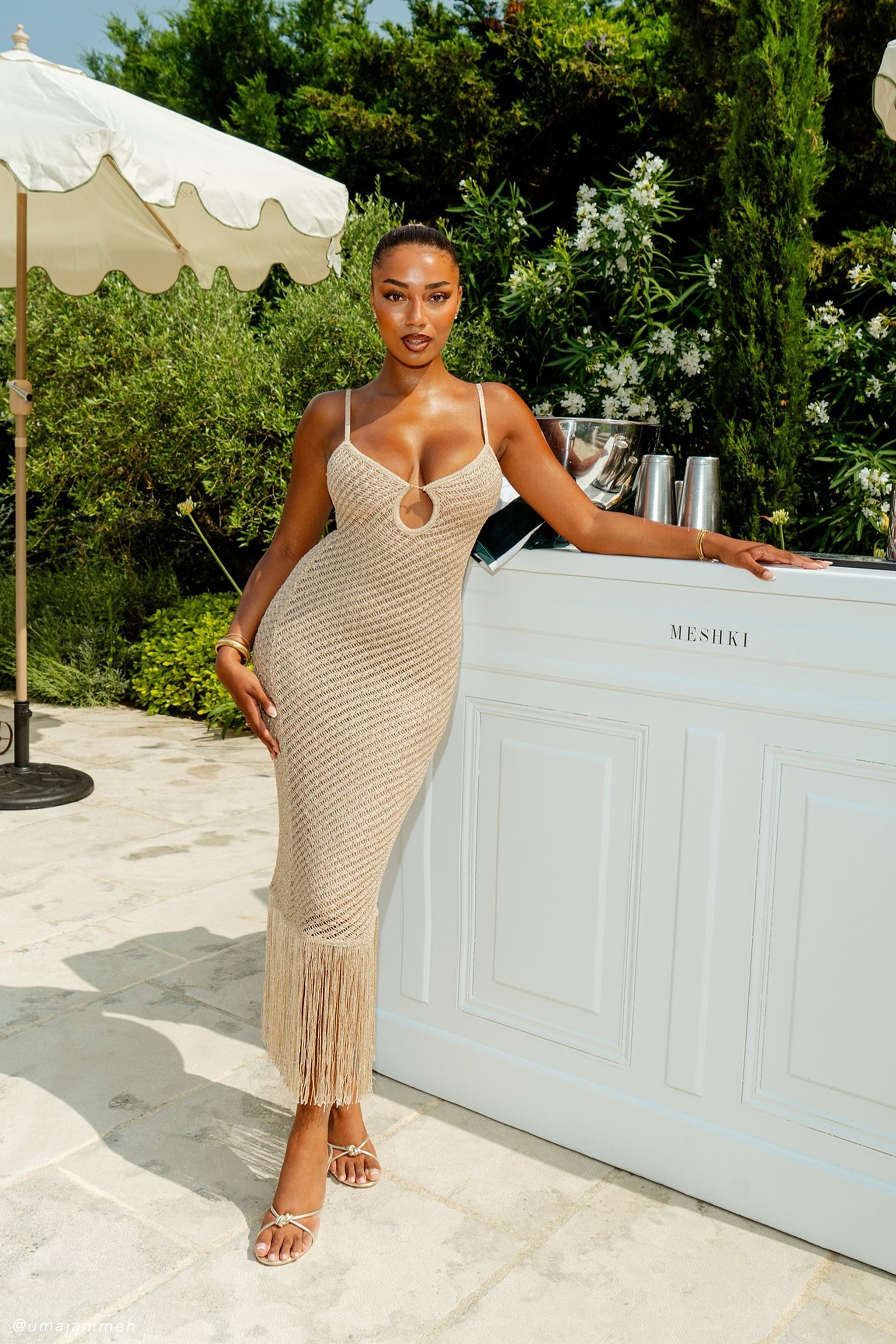 Raelynn Metallic Knit Fringe Midi Dress - Gold | MESHKI UK Raelynn Metallic Knit Fringe Midi Dress - Gold | MESHKI UK