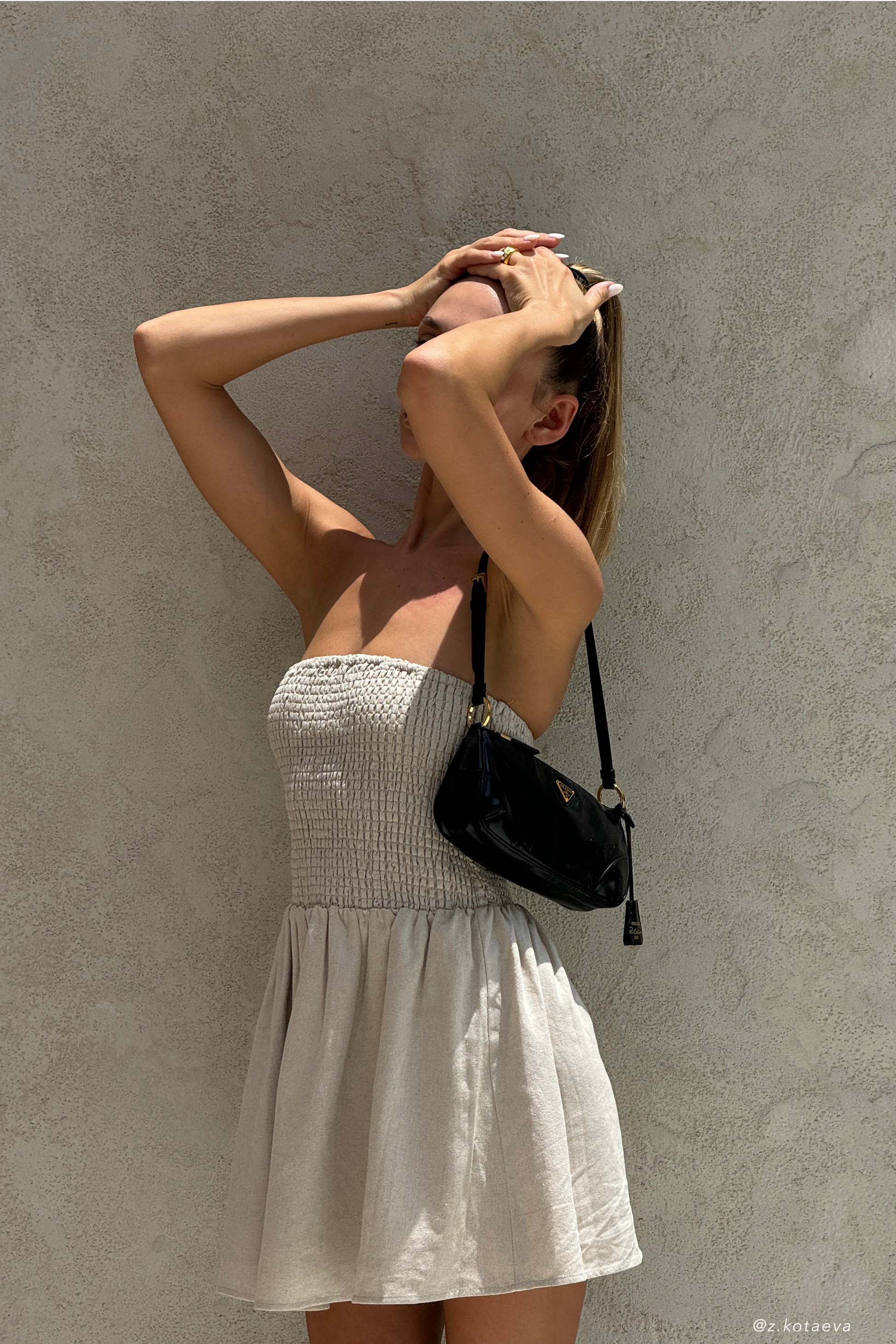 Holland Linen Shirring Mini Dress - Natural #2