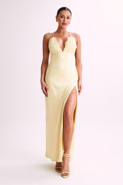 Gina Satin Slip Maxi Dress With Lace - Lemon