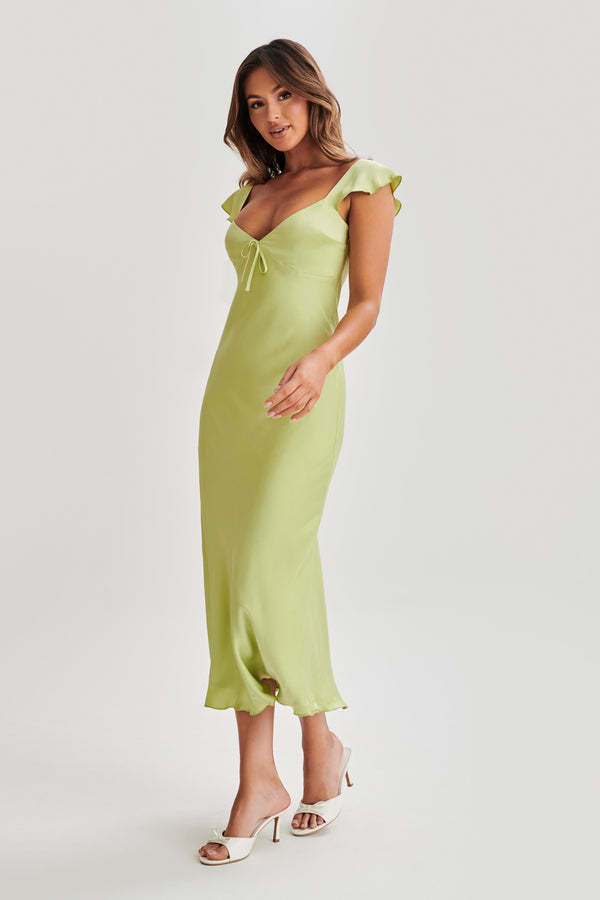 Chantal Short Sleeve Satin Midi Dress - Apple