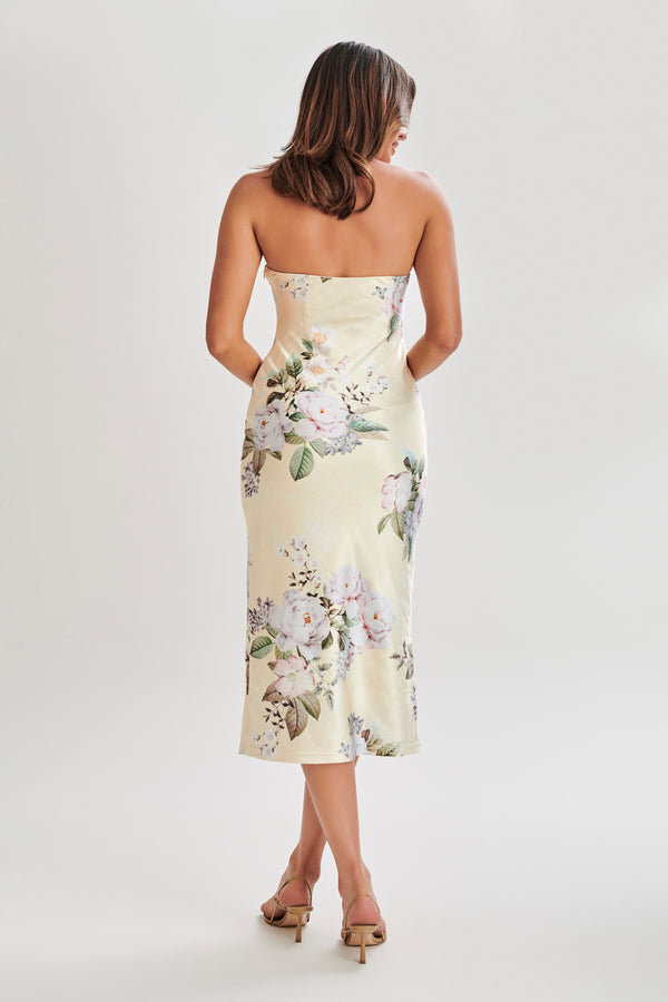Tyler Strapless Satin Midi Dress - Lemon Floral Print